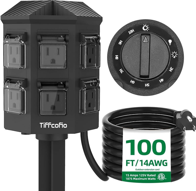 Tiffcofio Outdoor Power Strip Timer, Dusk to Dawn Light Sensor Countdown, 100 Feet Extension Cord Waterproof, 6 Grounded Outlets for Halloween and Christmas Decorations, ETL Listed (100 FT) - Image 1